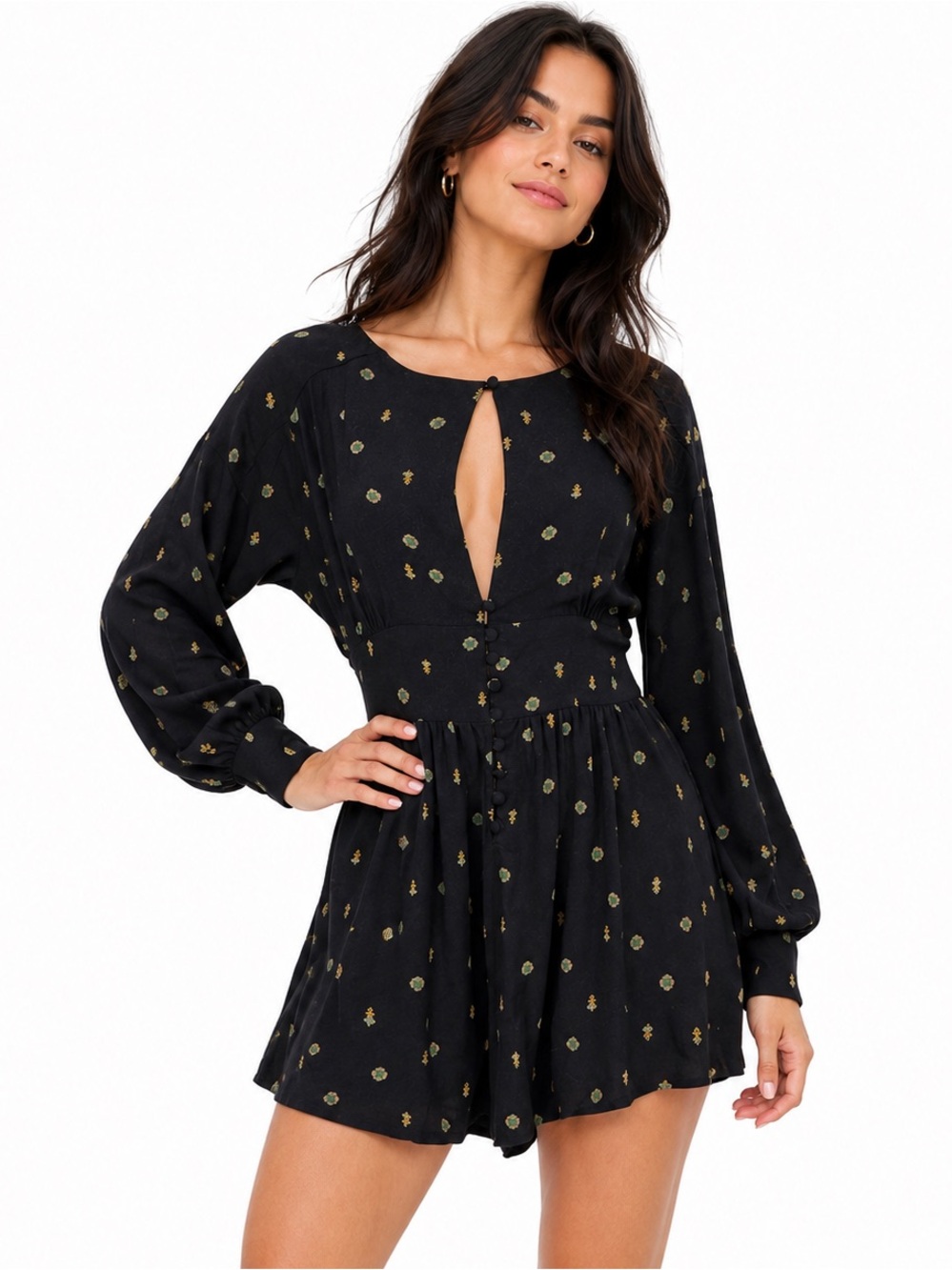 Free People Love Grows Romper – Black Geometric Print Keyhole Button Front Boho